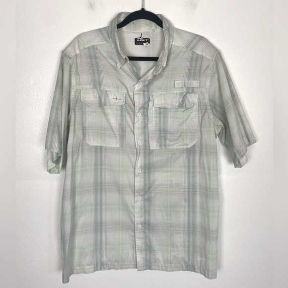 Habit Men’s Fishing Shirt Size Large Vented Short Sleeve Plaid Gray and Green - Picture 1 of 11